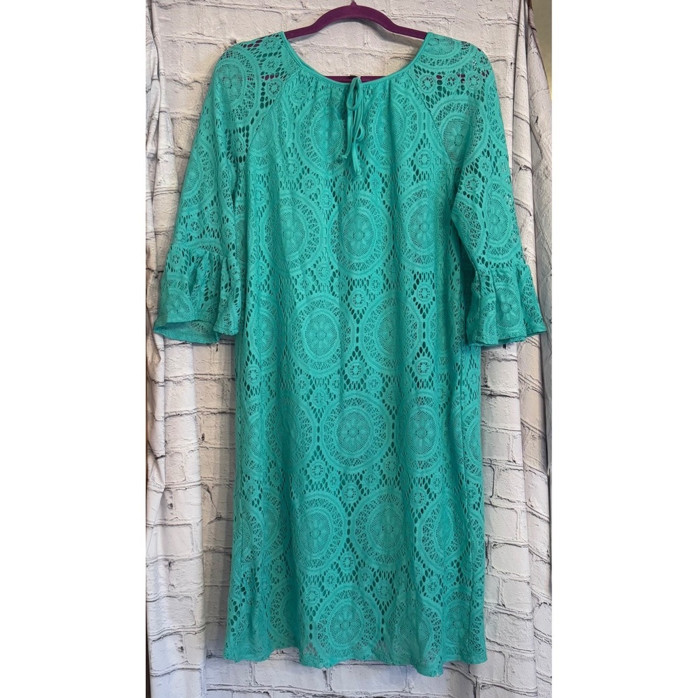 TACERA Turquoise Crochet Lace Bell Sleeve Shift Dress Plus Size 1X